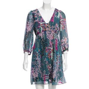Tibi Teal Floral V-Neck Mini Dress with Pink & Purple Accents